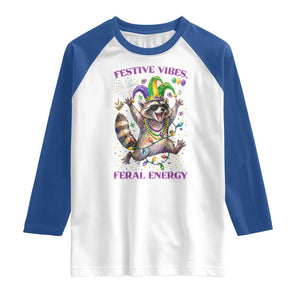 Mardi Gras Raccoon Raglan Shirt Festive Vibes Feral Energy TS14 White Royal Print Your Wear
