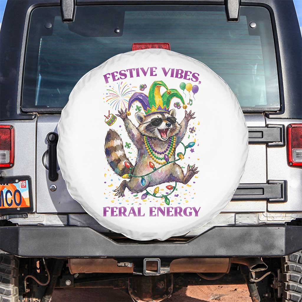 Mardi Gras Raccoon Spare Tire Cover Festive Vibes Feral Energy TS14 No hole White Print Your Wear