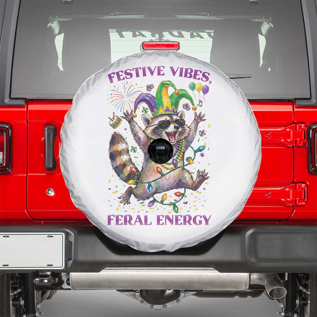 Mardi Gras Raccoon Spare Tire Cover Festive Vibes Feral Energy TS14 White Print Your Wear