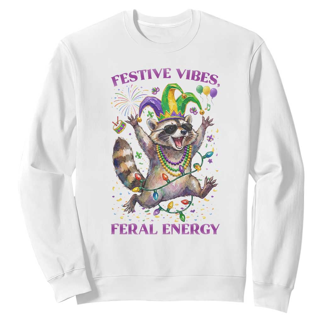 Mardi Gras Raccoon Sweatshirt Festive Vibes Feral Energy TS14 White Print Your Wear