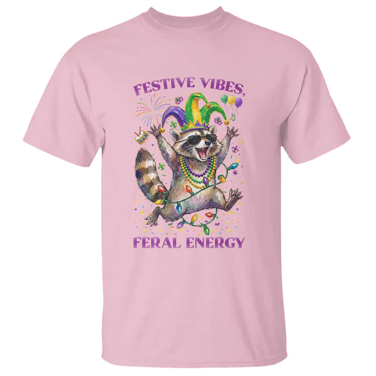 Mardi Gras Raccoon T Shirt Festive Vibes Feral Energy TS14 Light Pink Print Your Wear