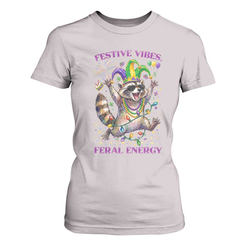 Mardi Gras Raccoon T Shirt For Women Festive Vibes Feral Energy TS14 Ice Gray Print Your Wear