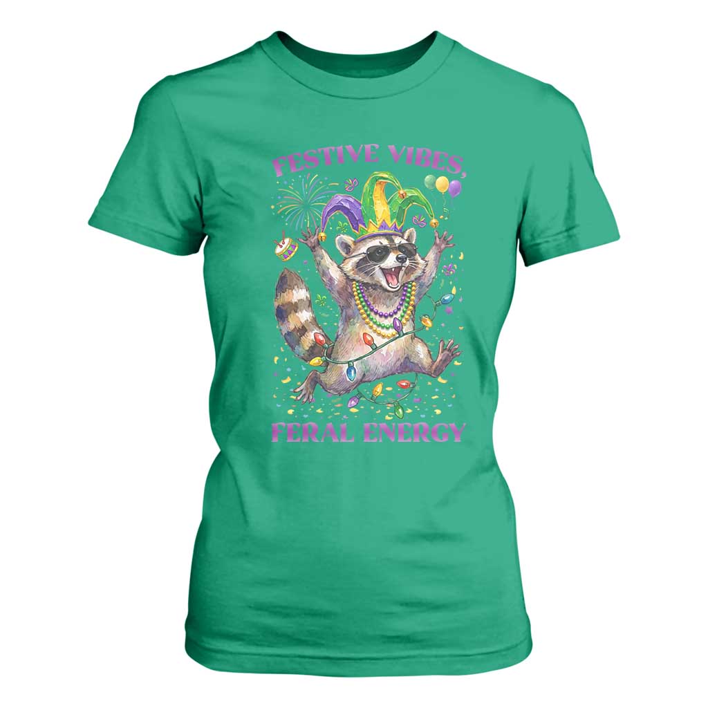Mardi Gras Raccoon T Shirt For Women Festive Vibes Feral Energy TS14 Irish Green Print Your Wear