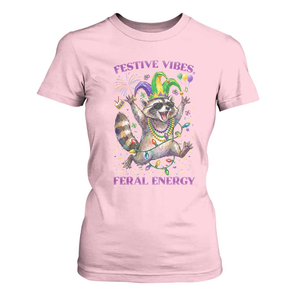 Mardi Gras Raccoon T Shirt For Women Festive Vibes Feral Energy TS14 Light Pink Print Your Wear