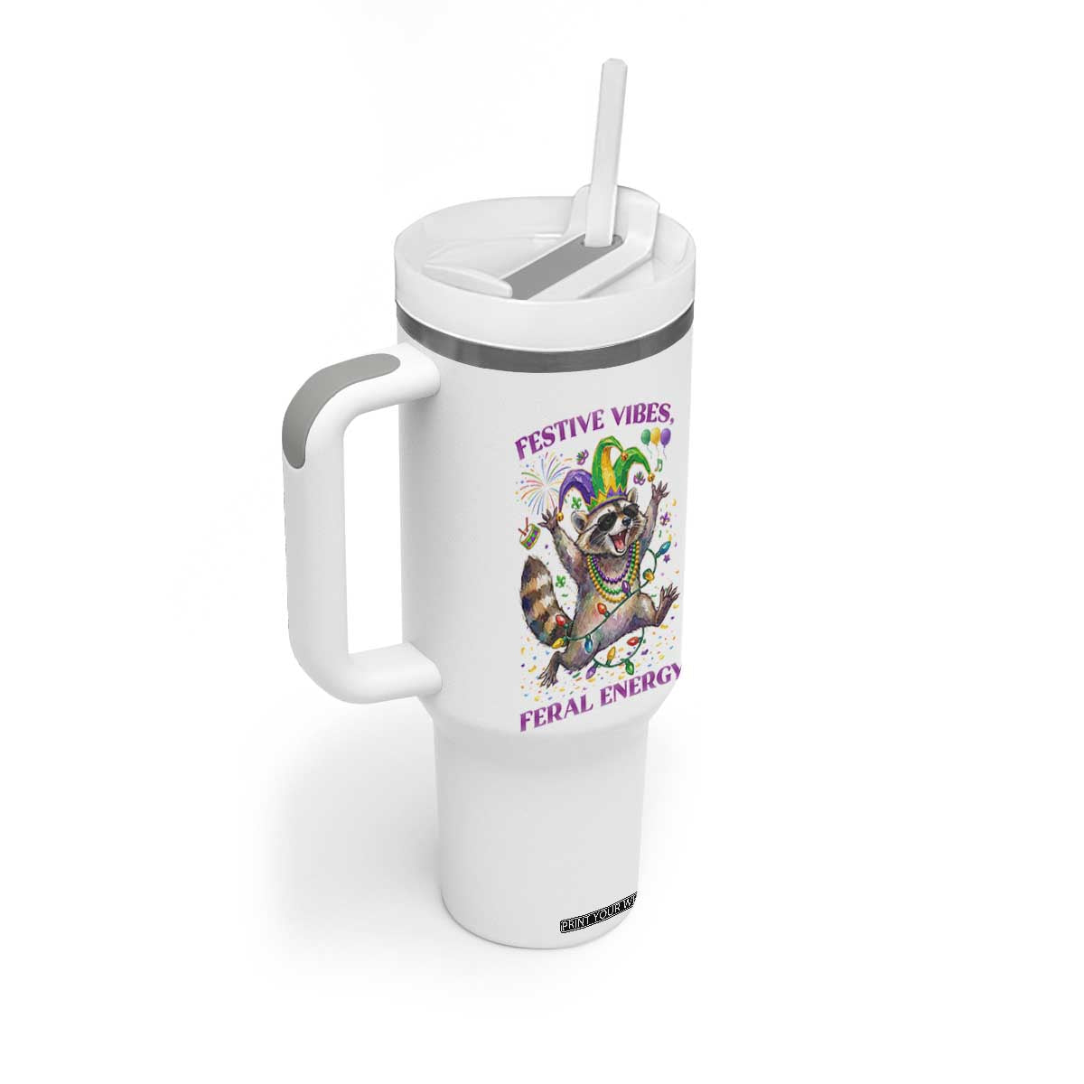 Mardi Gras Raccoon Tumbler With Handle Festive Vibes Feral Energy TS14 Print Your Wear