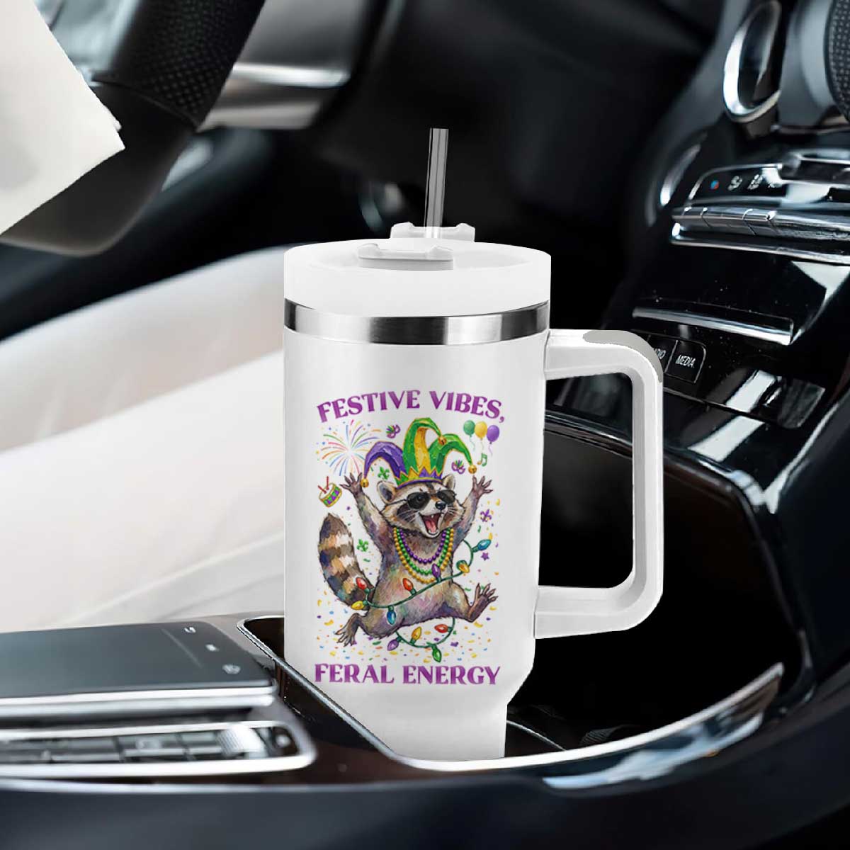 Mardi Gras Raccoon Tumbler With Handle Festive Vibes Feral Energy TS14 Print Your Wear
