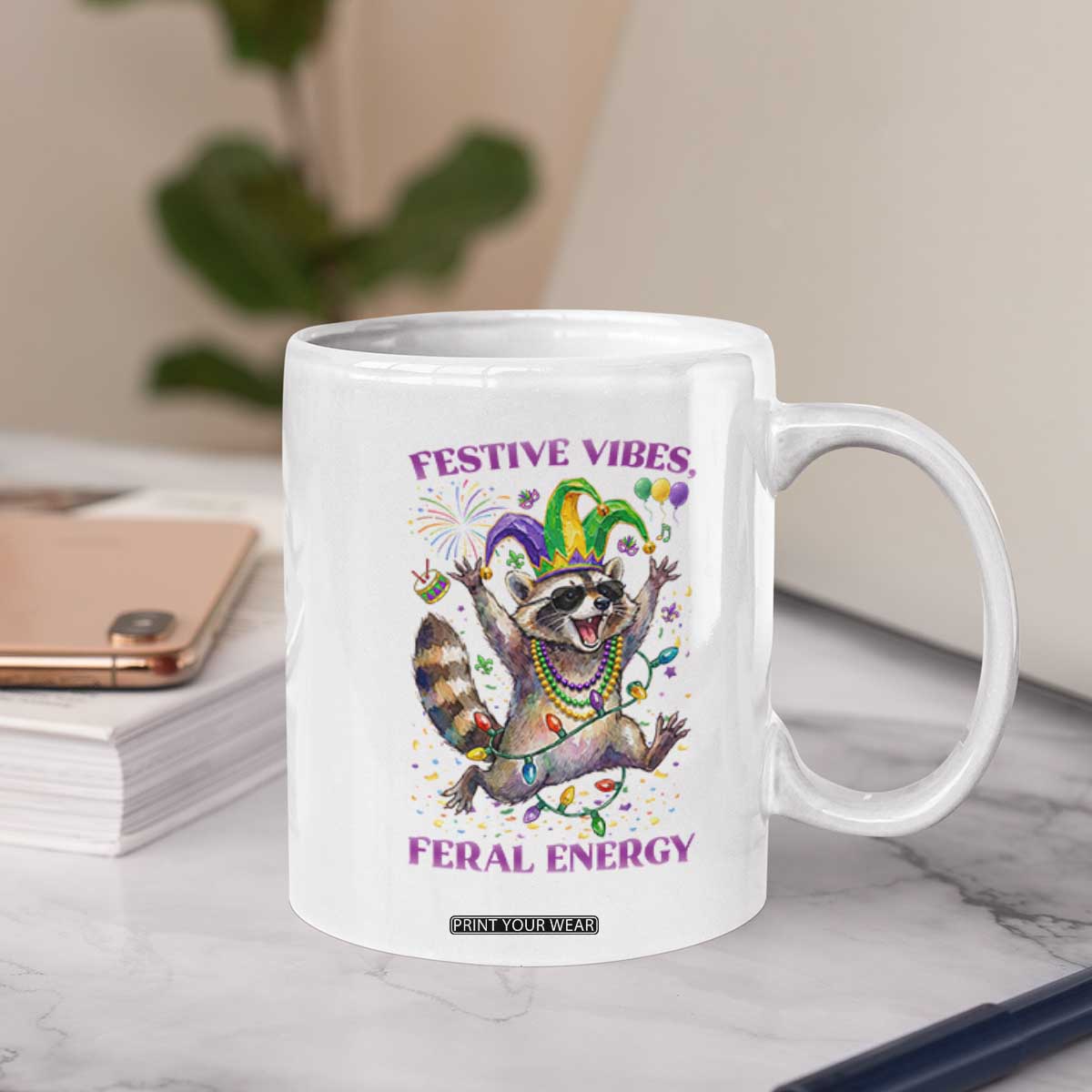 Mardi Gras Raccoon Coffee Mug Festive Vibes Feral Energy TS14 Print Your Wear