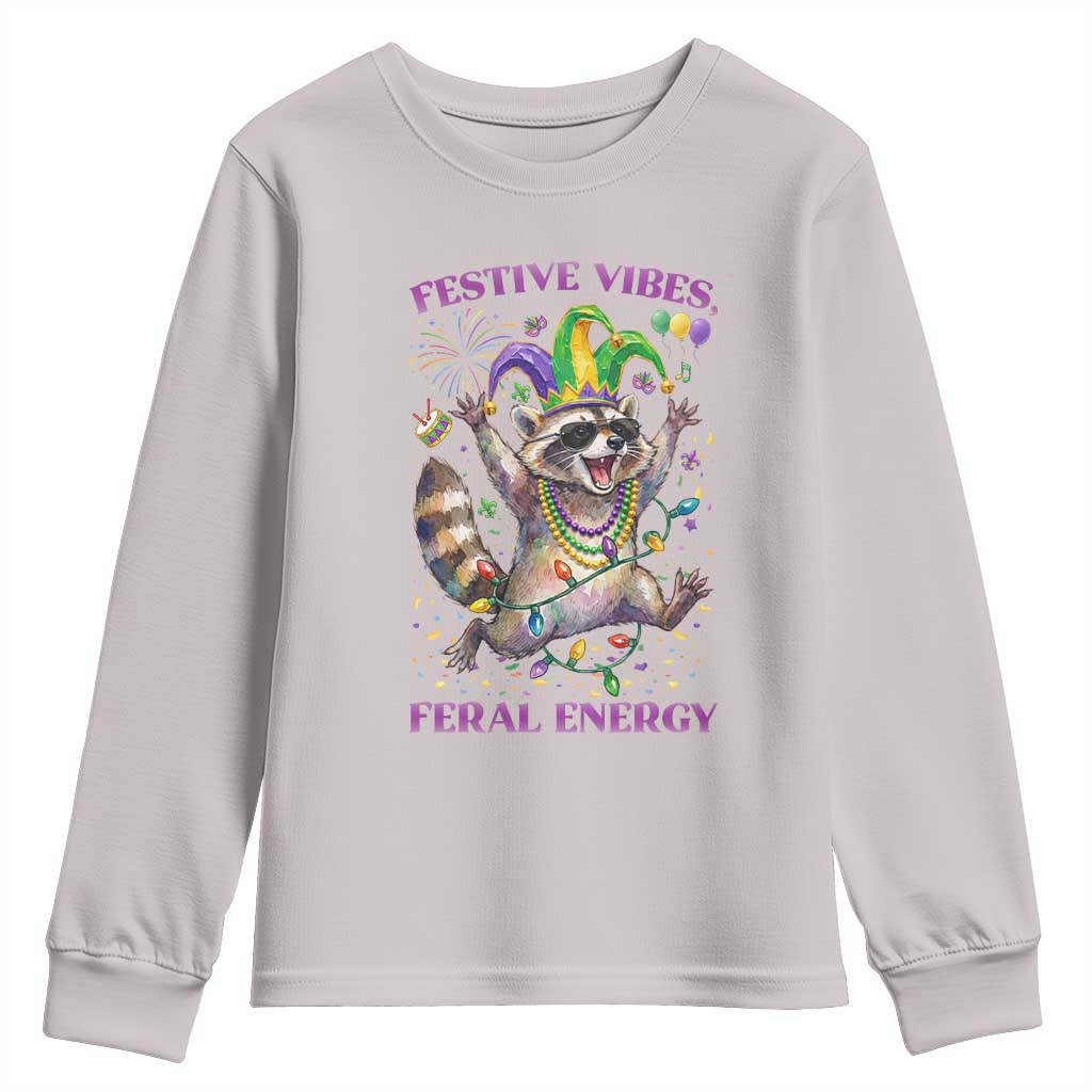 Mardi Gras Raccoon Youth Sweatshirt Festive Vibes Feral Energy TS14 Ice Gray Print Your Wear
