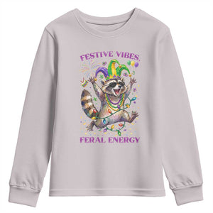 Mardi Gras Raccoon Youth Sweatshirt Festive Vibes Feral Energy TS14 Ice Gray Print Your Wear
