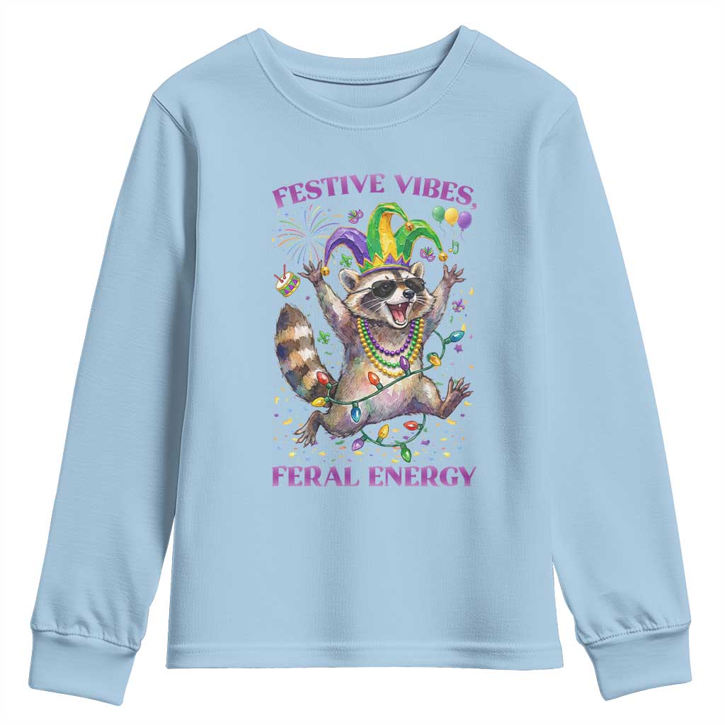 Mardi Gras Raccoon Youth Sweatshirt Festive Vibes Feral Energy TS14 Light Blue Print Your Wear