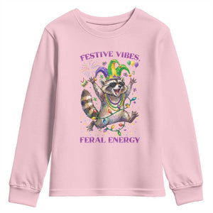 Mardi Gras Raccoon Youth Sweatshirt Festive Vibes Feral Energy TS14 Light Pink Print Your Wear