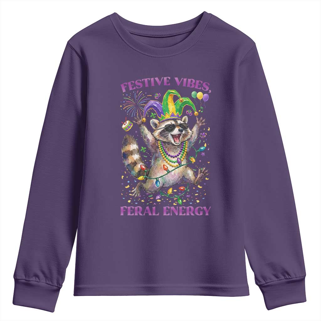 Mardi Gras Raccoon Youth Sweatshirt Festive Vibes Feral Energy TS14 Purple Print Your Wear
