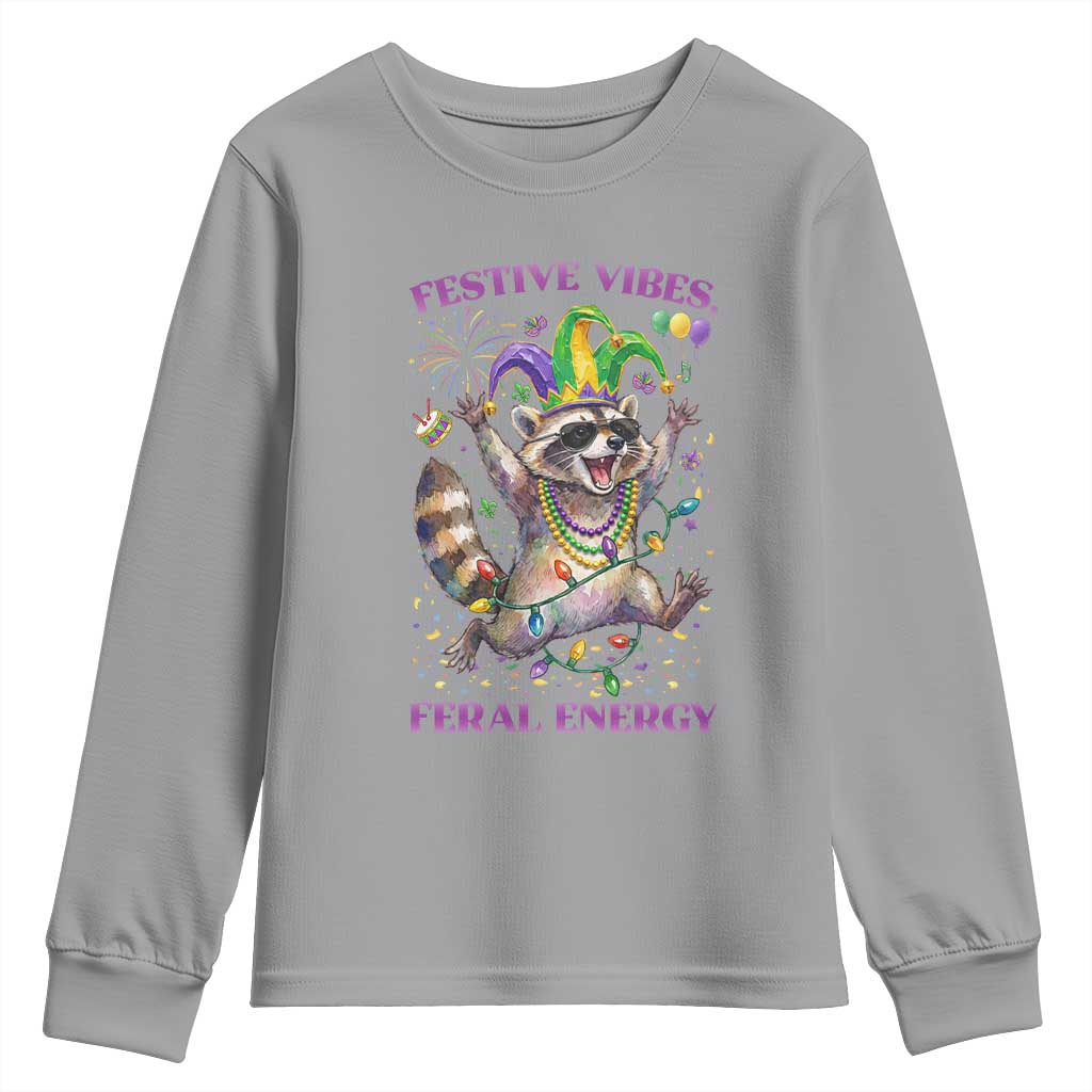 Mardi Gras Raccoon Youth Sweatshirt Festive Vibes Feral Energy TS14 Sport Gray Print Your Wear