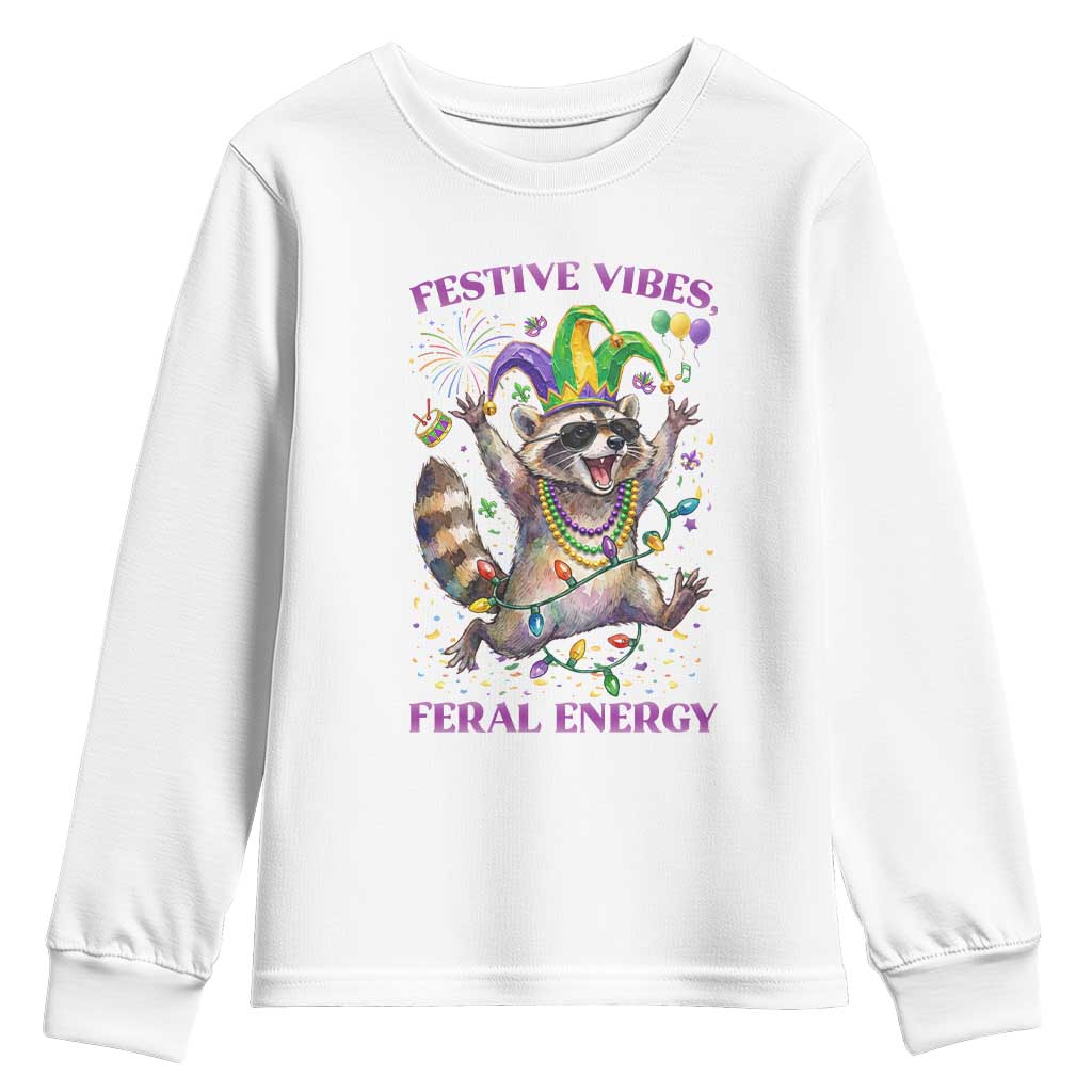 Mardi Gras Raccoon Youth Sweatshirt Festive Vibes Feral Energy TS14 White Print Your Wear