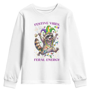 Mardi Gras Raccoon Youth Sweatshirt Festive Vibes Feral Energy TS14 White Print Your Wear