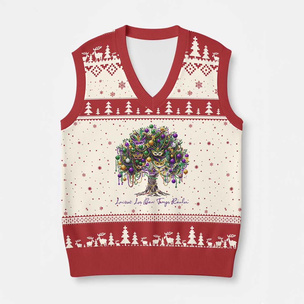 Mardi Gras Mask Tree V-Neck Knit Sweater Vest Laissez Les Bon Temps Rouler TS14 Beige Red Print Your Wear