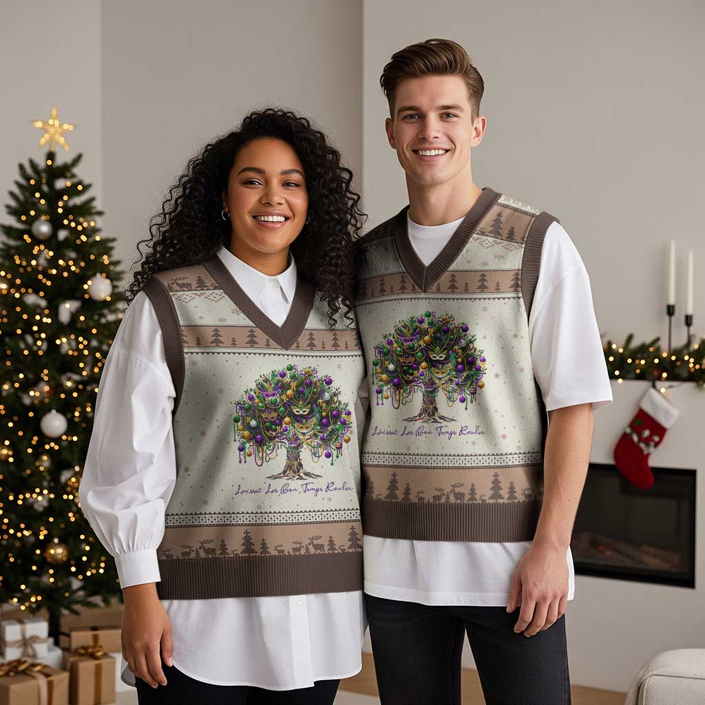 Mardi Gras Mask Tree V-Neck Knit Sweater Vest Laissez Les Bon Temps Rouler TS14 Mocha Mousse Print Your Wear