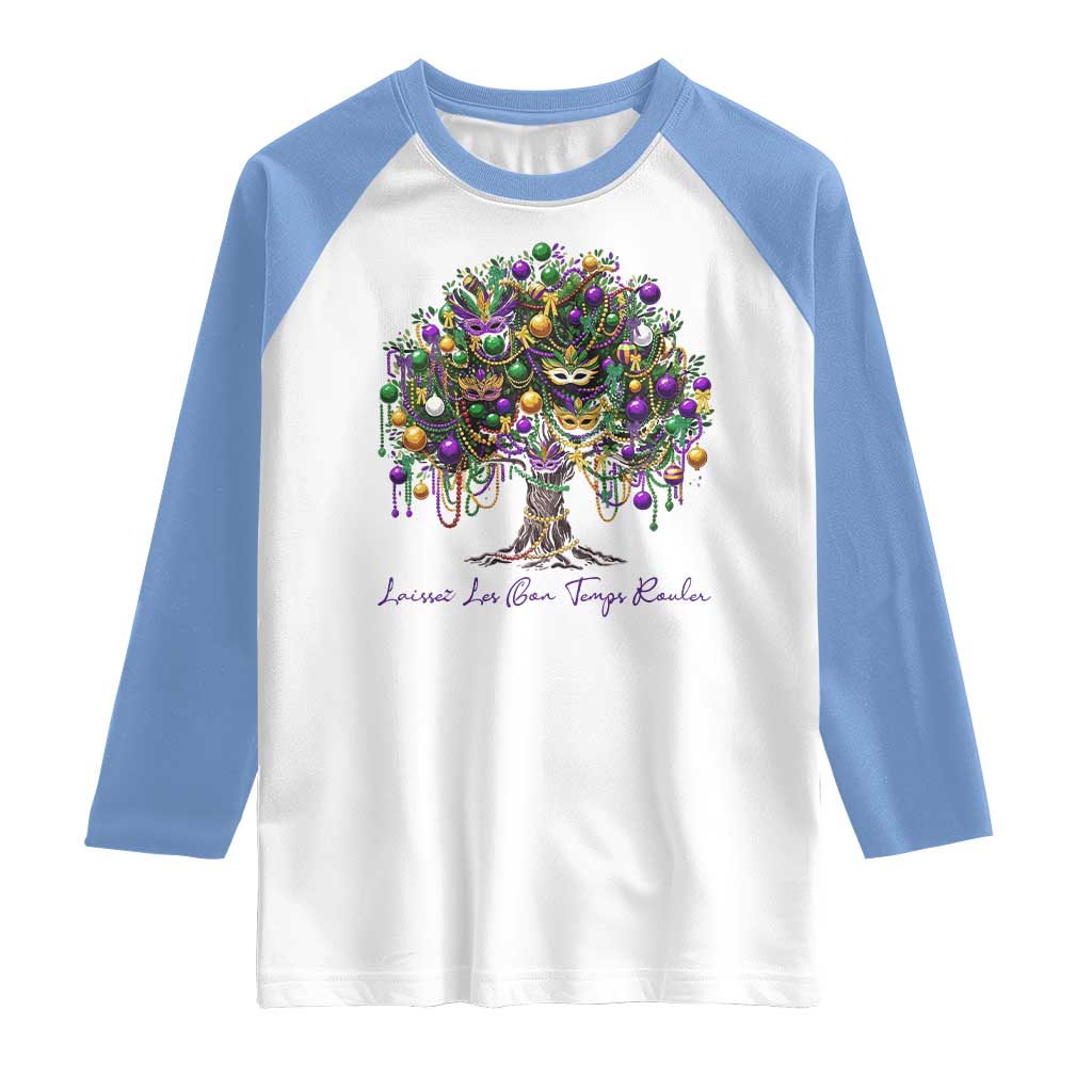Mardi Gras Mask Tree Raglan Shirt Laissez Les Bon Temps Rouler TS14 White Carolina Blue Print Your Wear