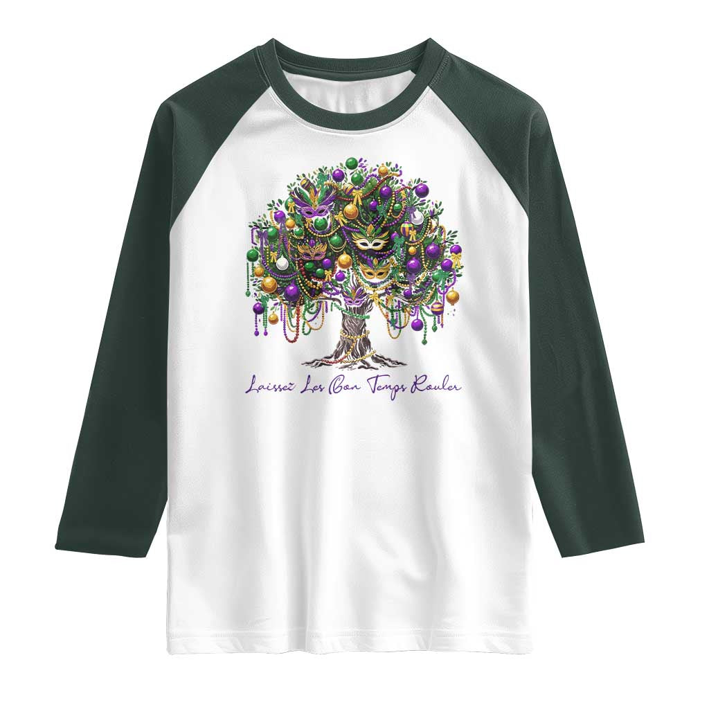 Mardi Gras Mask Tree Raglan Shirt Laissez Les Bon Temps Rouler TS14 White Dark Forest Green Print Your Wear