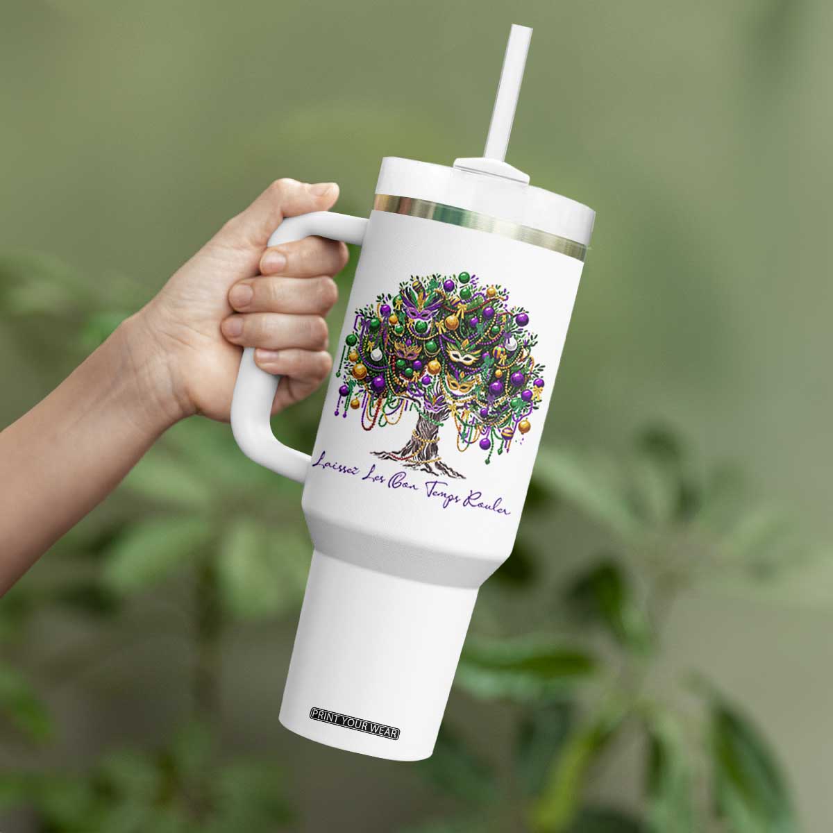 Mardi Gras Mask Tree Tumbler With Handle Laissez Les Bon Temps Rouler TS14 Print Your Wear