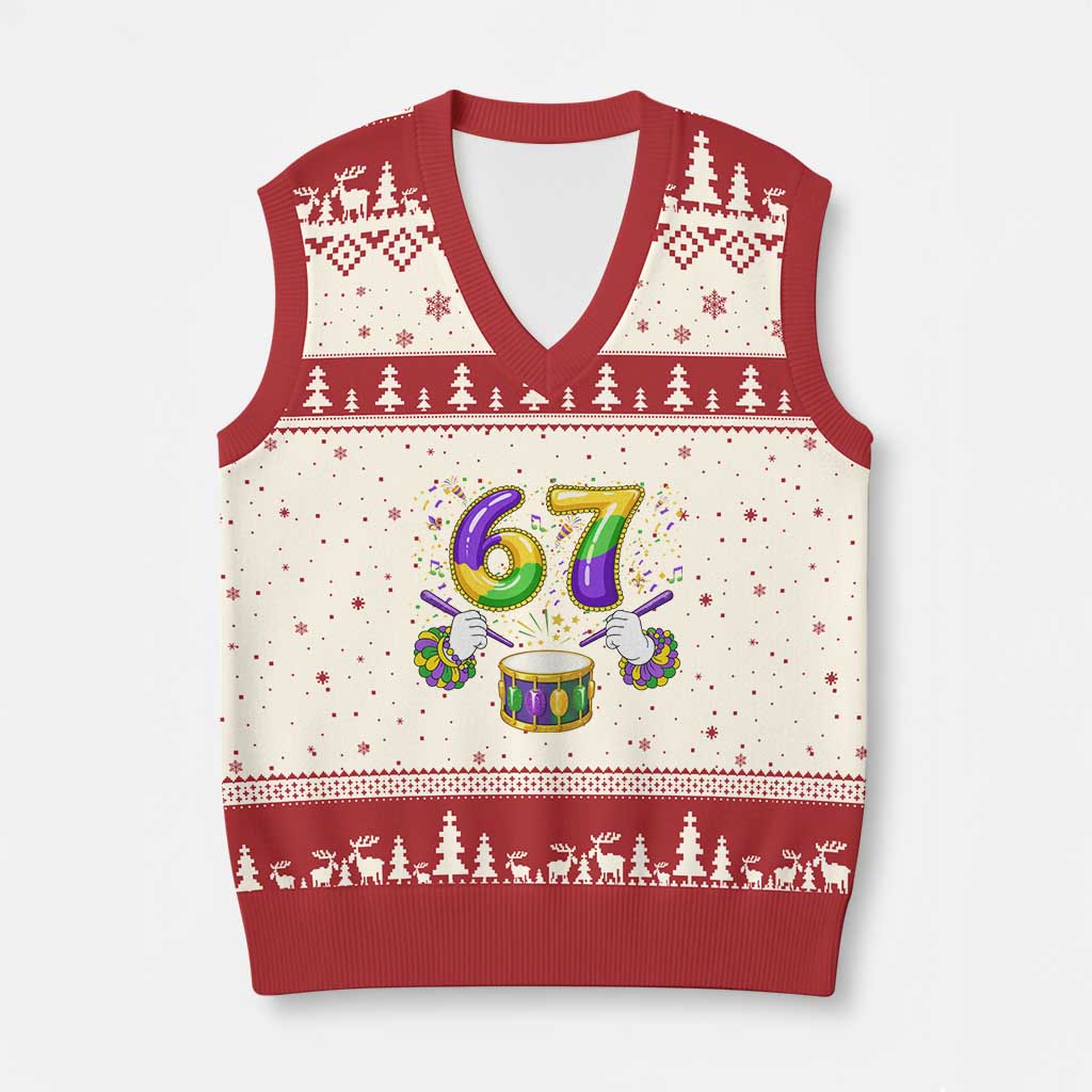67 Mardi Gras Meme V-Neck Knit Sweater Vest Funny Six Seven Carnival Trendy TS14 Beige Red Print Your Wear