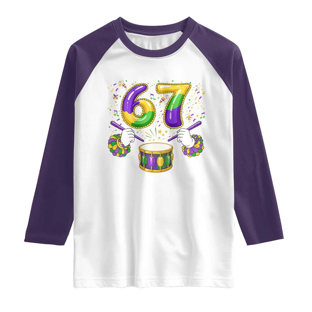 67 Mardi Gras Meme Raglan Shirt Funny Six Seven Carnival Trendy TS14 White Purple Print Your Wear