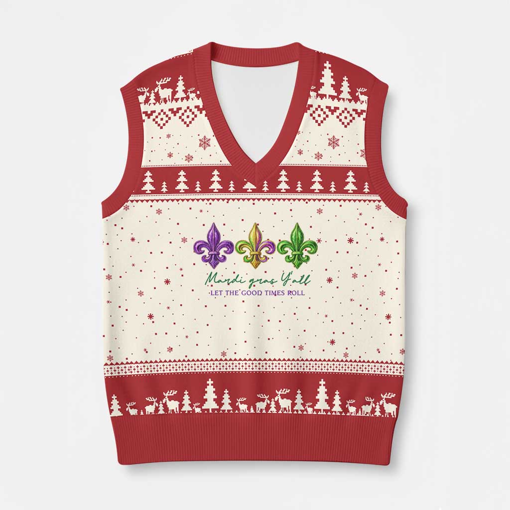 Mardi Gras V-Neck Knit Sweater Vest Let The Good Time Roll TS14 Beige Red Print Your Wear