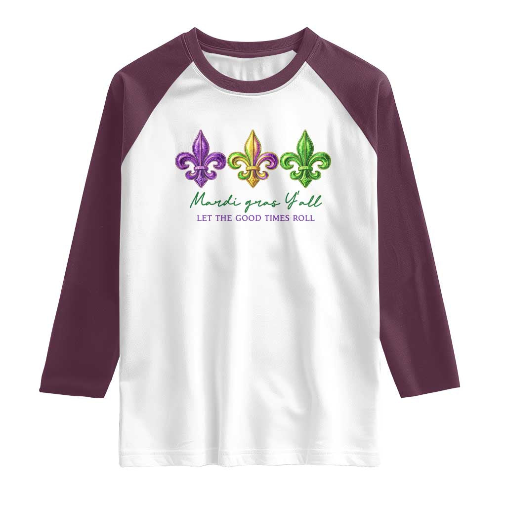 Mardi Gras Raglan Shirt Let The Good Time Roll TS14 White Maroon Print Your Wear