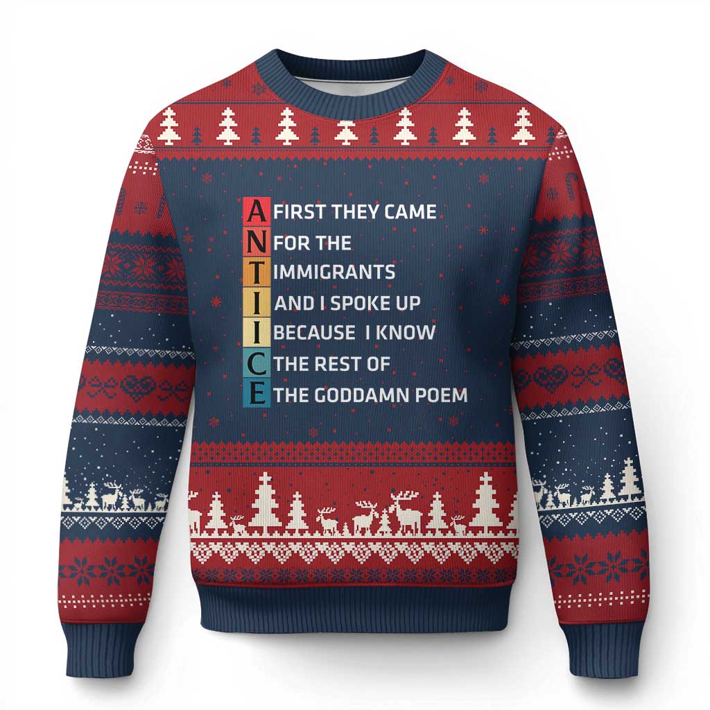 First They Came for The Immigrants Ugly Christmas Sweater Sarcastic Immigration Rights Protest TS14 Navy Red Print Your Wear