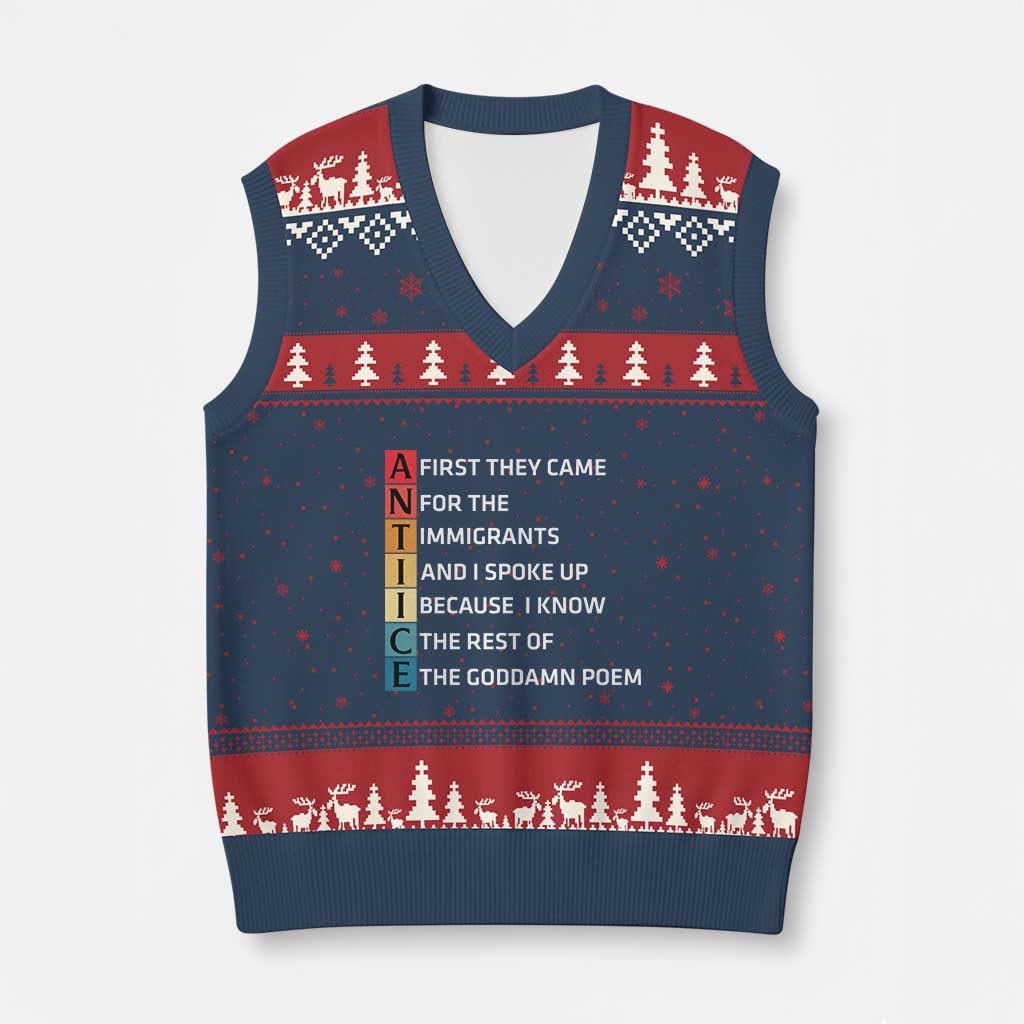 First They Came for The Immigrants V-Neck Knit Sweater Vest Sarcastic Immigration Rights Protest TS14 Navy Red Print Your Wear
