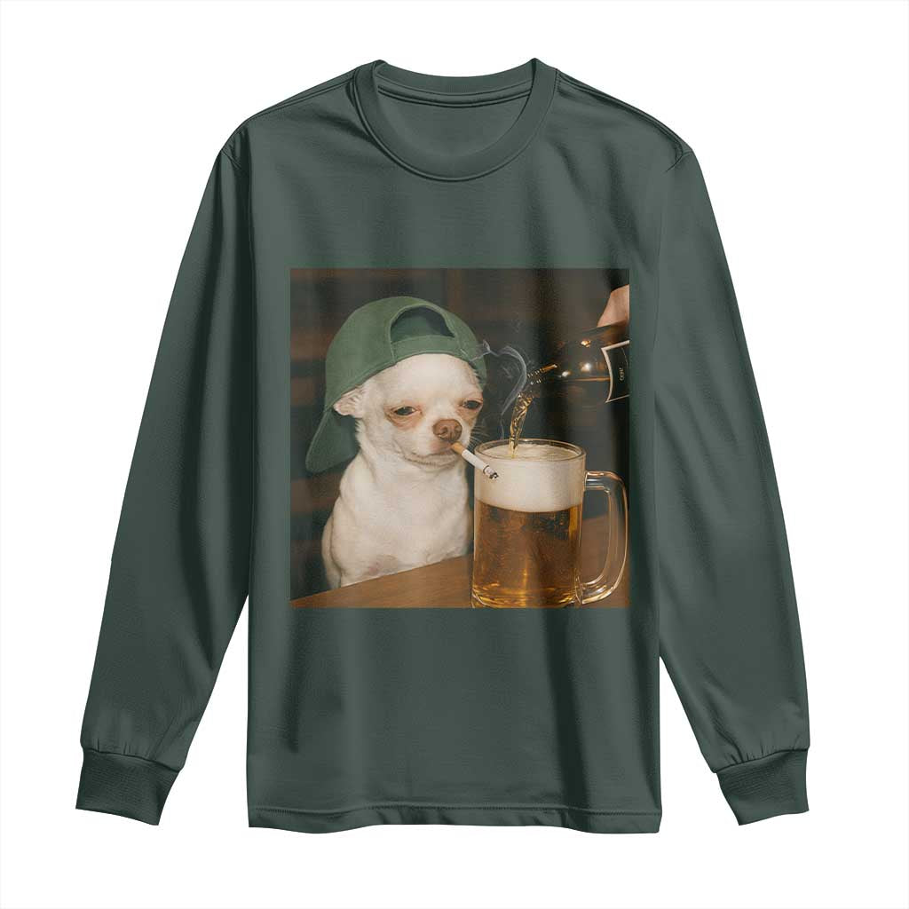 Funny Chihuahua St Patricks Day Meme Long Sleeve Shirt Chihuahua Smoking Irish Beer Lover TS14 Dark Forest Green Print Your Wear