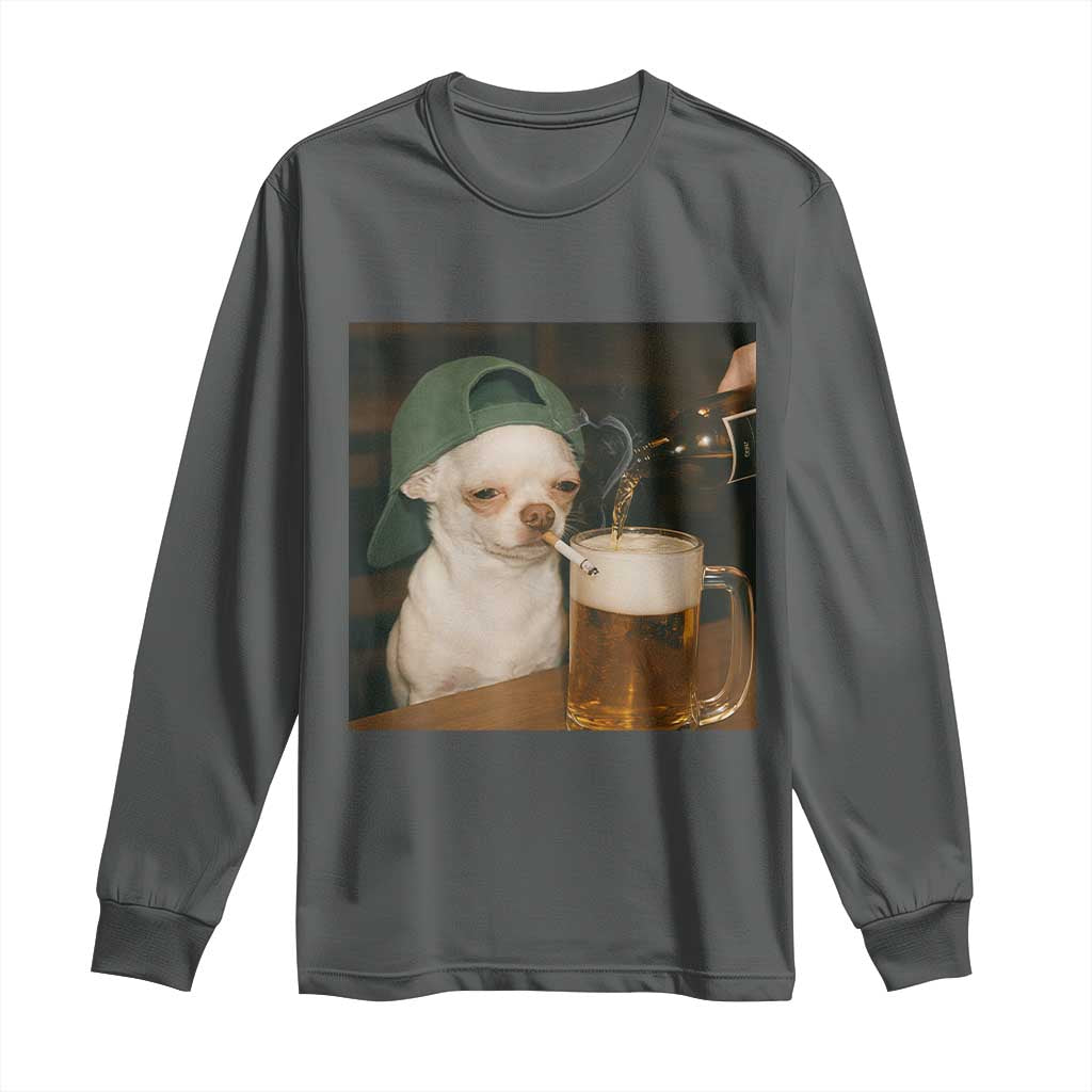 Funny Chihuahua St Patricks Day Meme Long Sleeve Shirt Chihuahua Smoking Irish Beer Lover TS14 Dark Heather Print Your Wear