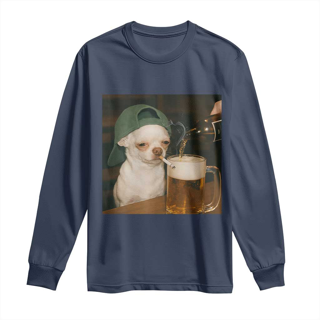Funny Chihuahua St Patricks Day Meme Long Sleeve Shirt Chihuahua Smoking Irish Beer Lover TS14 Navy Print Your Wear