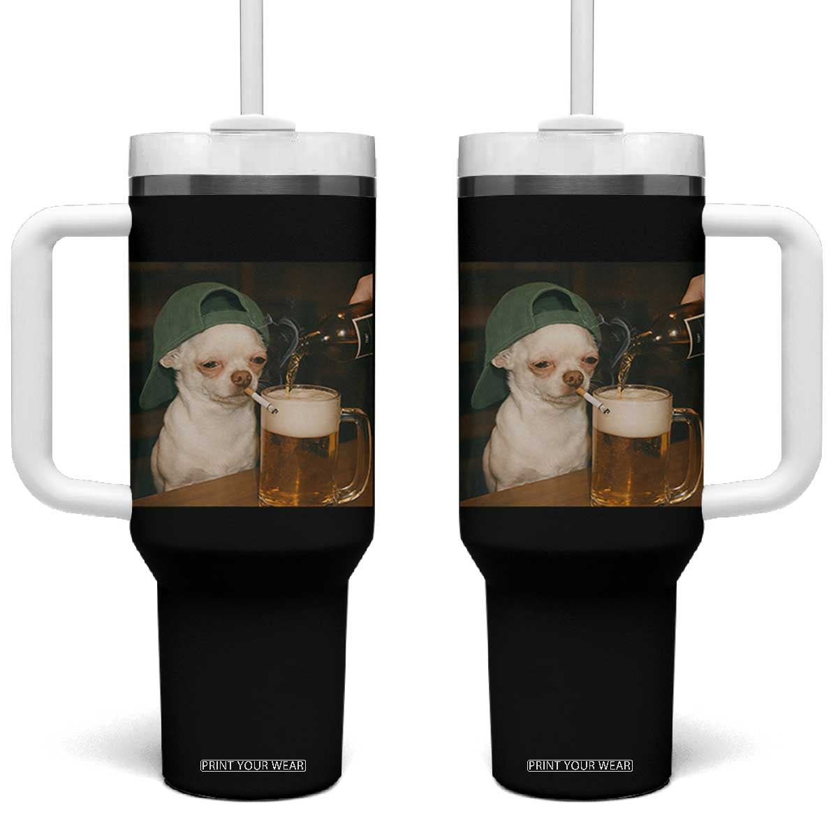 Funny Chihuahua St Patricks Day Meme Tumbler With Handle Chihuahua Smoking Irish Beer Lover TS14 One Size: 40 oz Black Print Your Wear