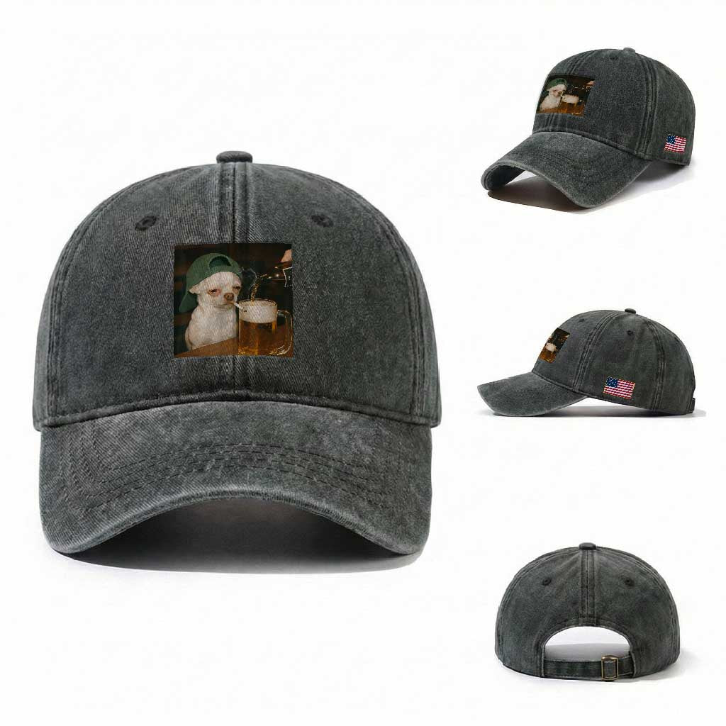 Funny Chihuahua St Patricks Day Meme Washed Cotton Baseball Cap Chihuahua Smoking Irish Beer Lover TS14 Washed Cap Universal Fit Dark Green Print Your Wear
