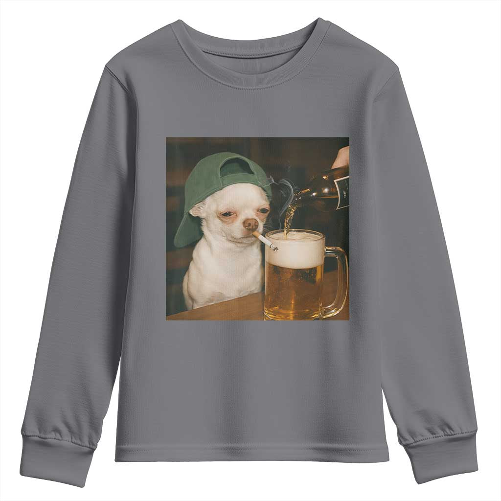 Funny Chihuahua St Patricks Day Meme Youth Sweatshirt Chihuahua Smoking Irish Beer Lover TS14 Charcoal Print Your Wear