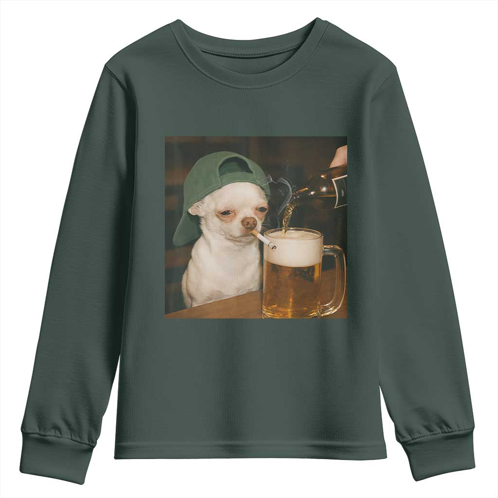 Funny Chihuahua St Patricks Day Meme Youth Sweatshirt Chihuahua Smoking Irish Beer Lover TS14 Dark Forest Green Print Your Wear