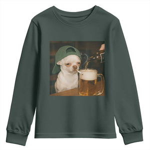 Funny Chihuahua St Patricks Day Meme Youth Sweatshirt Chihuahua Smoking Irish Beer Lover TS14 Dark Forest Green Print Your Wear