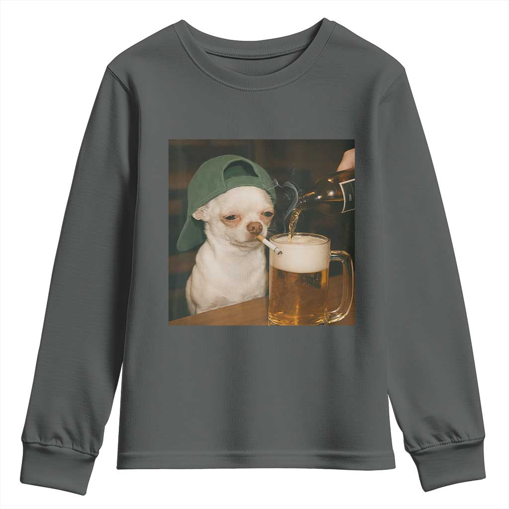 Funny Chihuahua St Patricks Day Meme Youth Sweatshirt Chihuahua Smoking Irish Beer Lover TS14 Dark Heather Print Your Wear