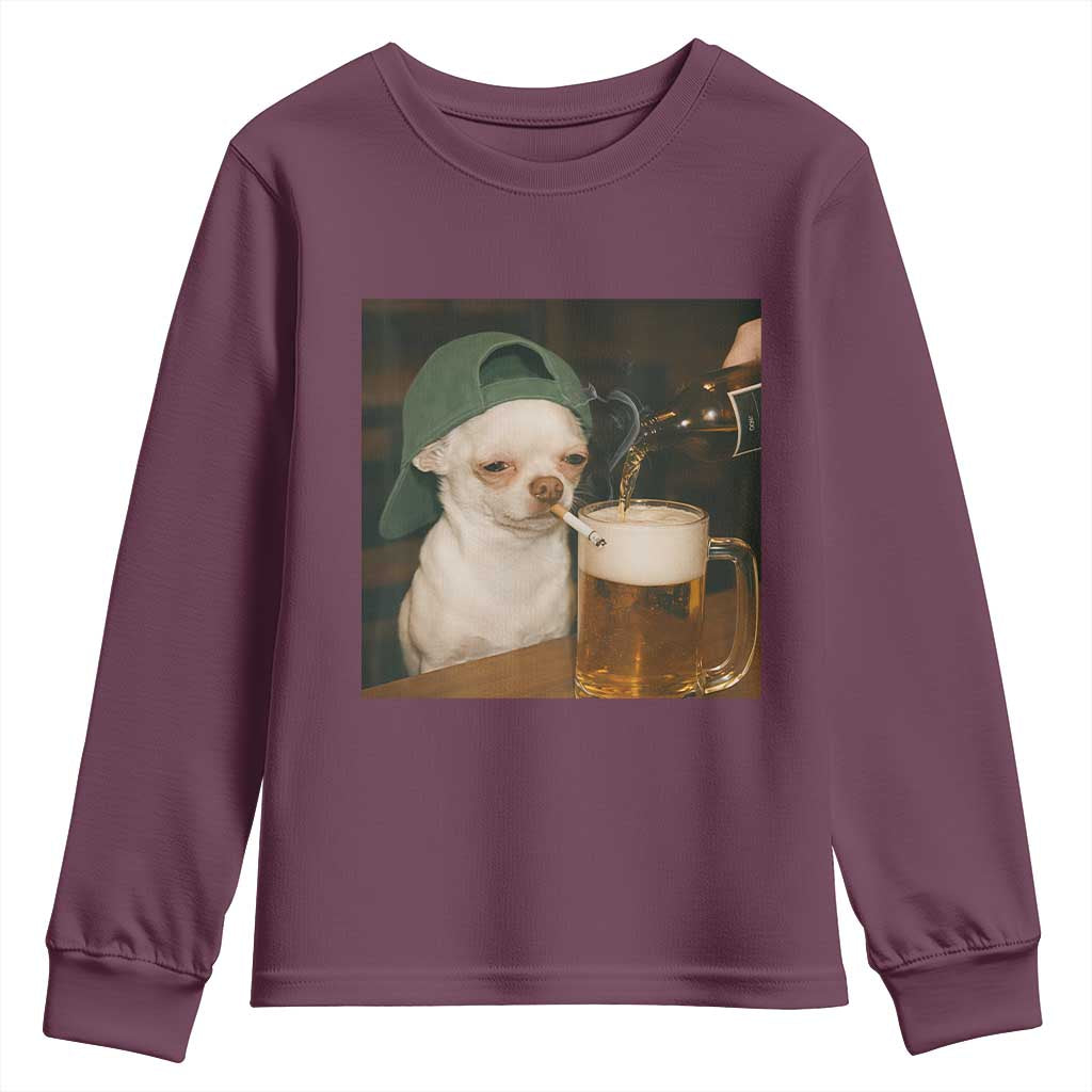 Funny Chihuahua St Patricks Day Meme Youth Sweatshirt Chihuahua Smoking Irish Beer Lover TS14 Maroon Print Your Wear