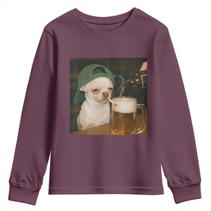 Funny Chihuahua St Patricks Day Meme Youth Sweatshirt Chihuahua Smoking Irish Beer Lover TS14 Maroon Print Your Wear
