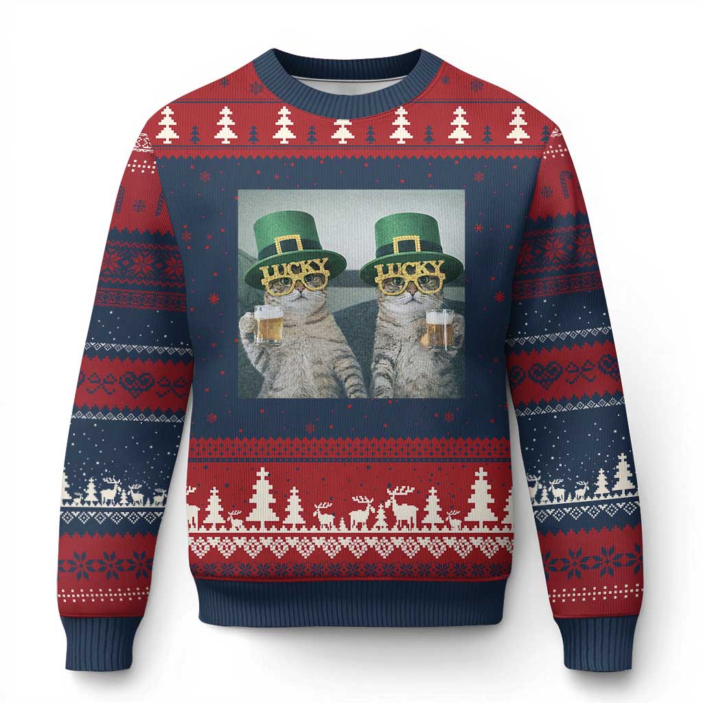 Funny St Patricks Day Cats Drinking Beer Meme Ugly Christmas Sweater TS14 Navy Red Print Your Wear