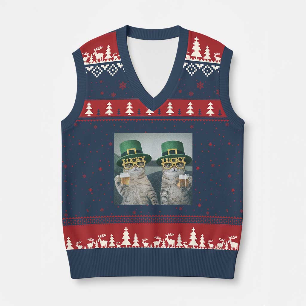 Funny St Patricks Day Cats Drinking Beer Meme V-Neck Knit Sweater Vest TS14 Navy Red Print Your Wear