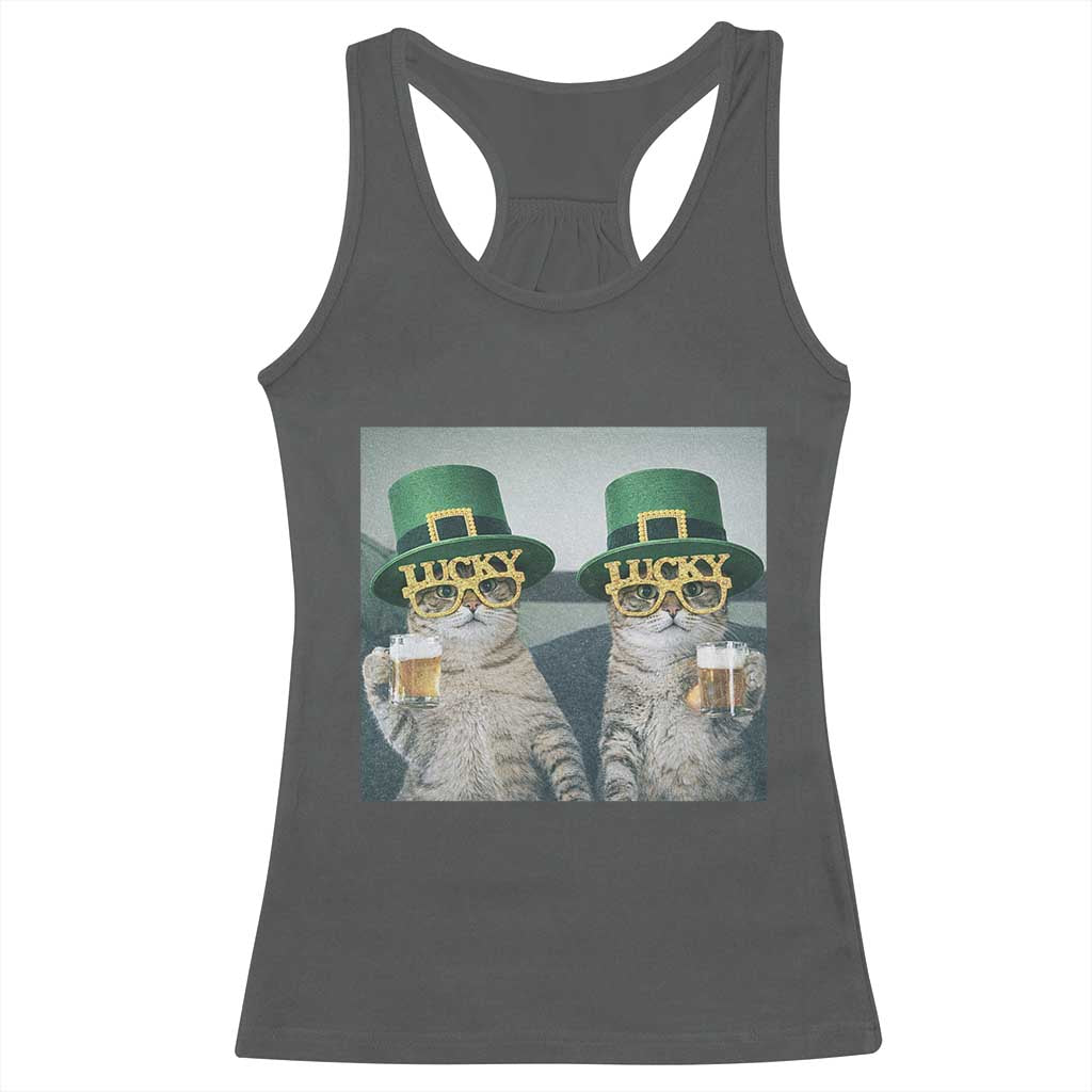 Funny St Patricks Day Cats Drinking Beer Meme Racerback Tank Top TS14 Dark Heather Print Your Wear