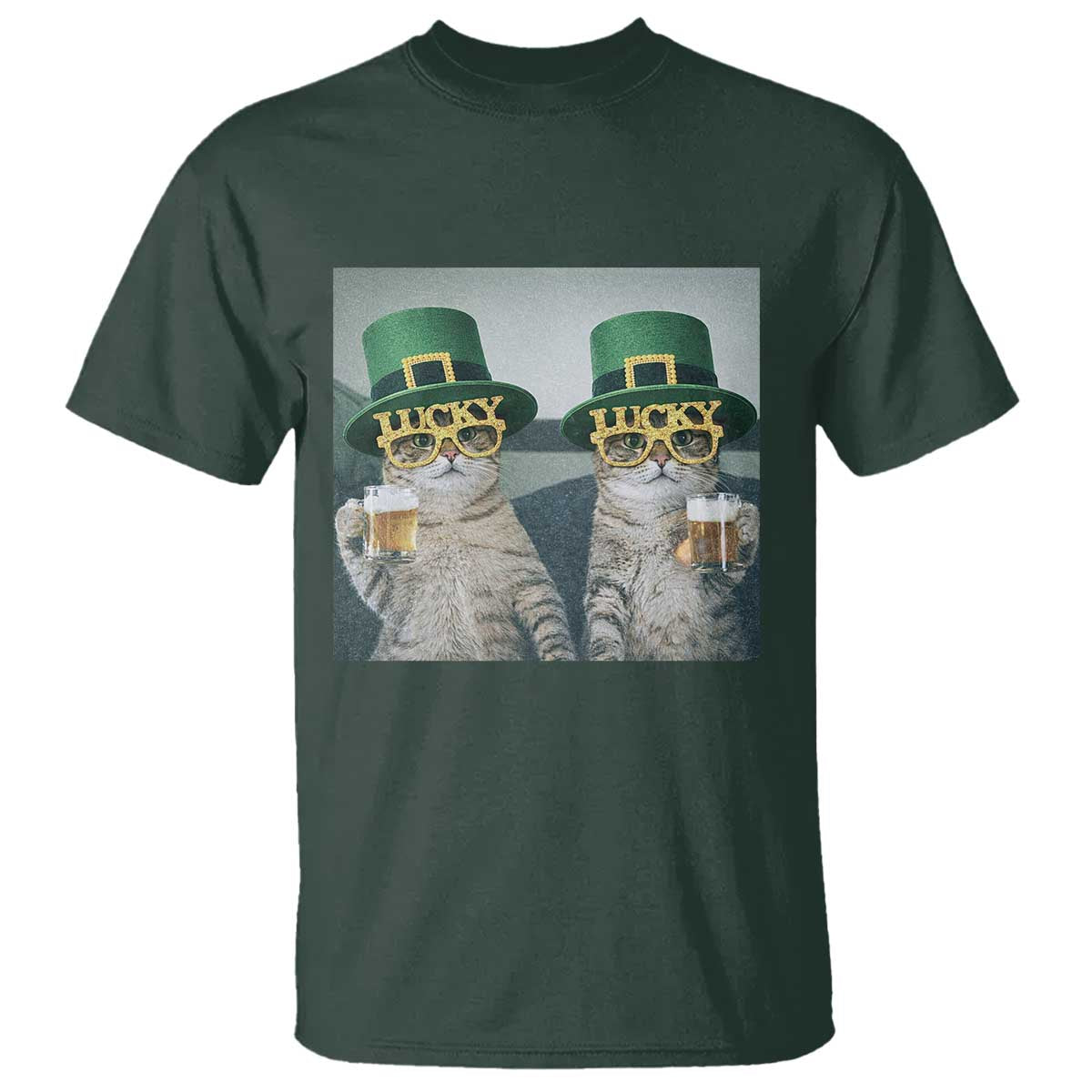 Funny St Patricks Day Cats Drinking Beer Meme T Shirt TS14 Dark Forest Green Print Your Wear