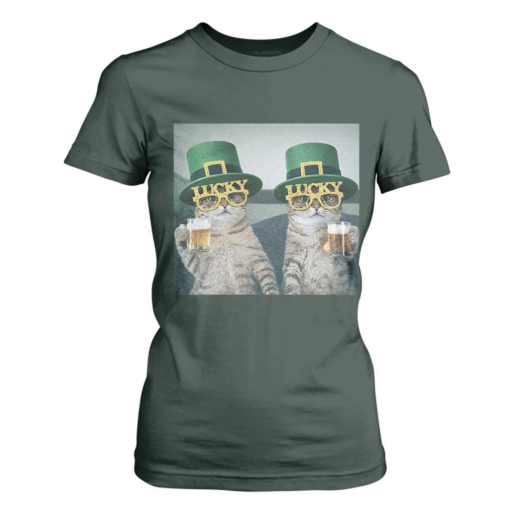 Funny St Patricks Day Cats Drinking Beer Meme T Shirt For Women TS14 Dark Forest Green Print Your Wear