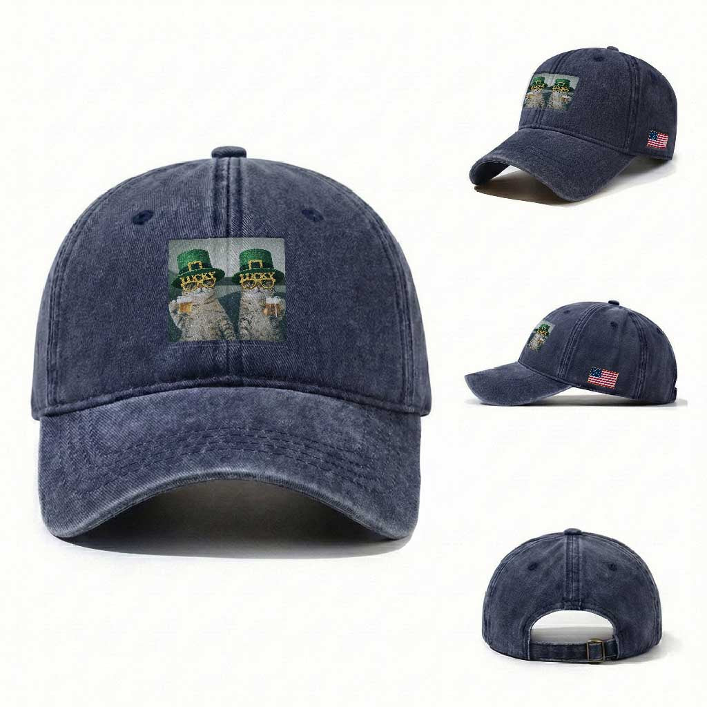 Funny St Patricks Day Cats Drinking Beer Meme Washed Cotton Baseball Cap TS14 Washed Cap Universal Fit Navy Print Your Wear