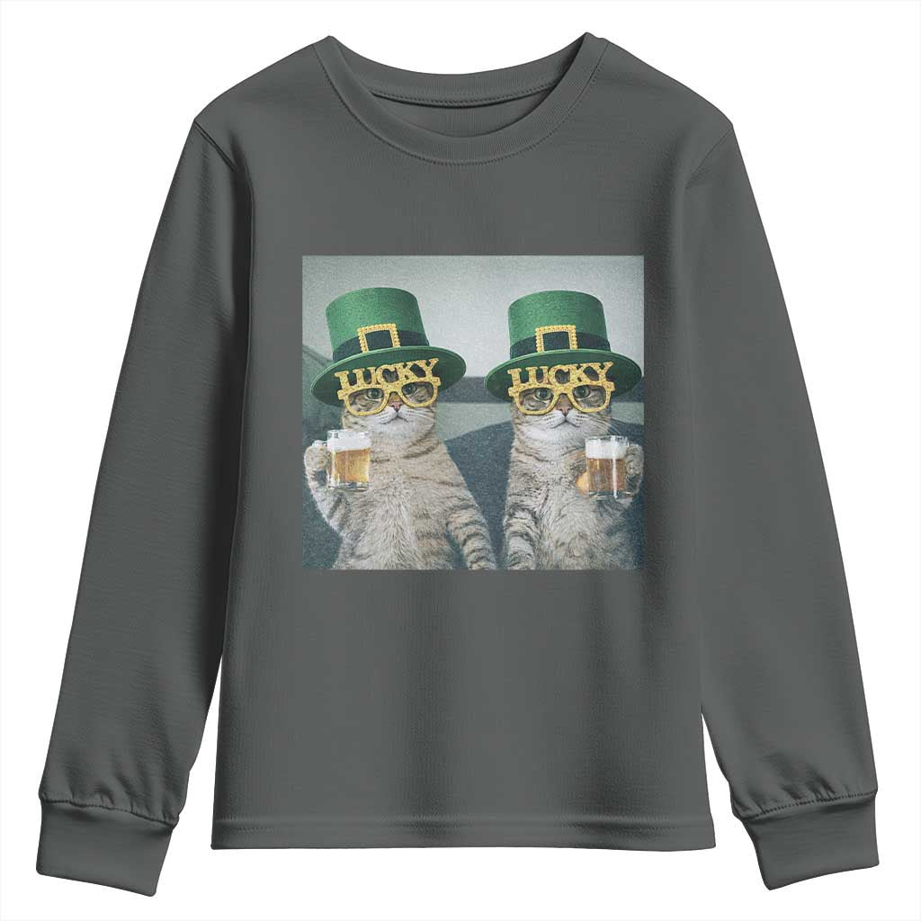 Funny St Patricks Day Cats Drinking Beer Meme Youth Sweatshirt TS14 Dark Heather Print Your Wear