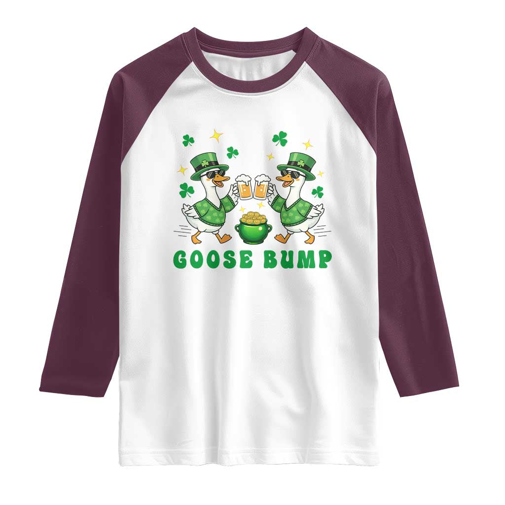 Funny St Patricks Day Goose Drinking Beer Raglan Shirt Goose Bump TS14 White Maroon Print Your Wear