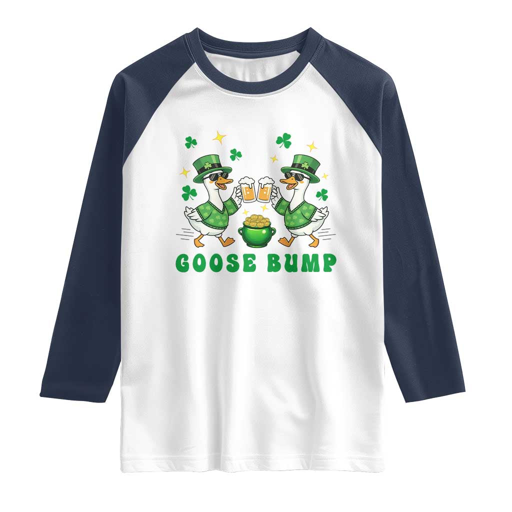 Funny St Patricks Day Goose Drinking Beer Raglan Shirt Goose Bump TS14 White Navy Print Your Wear